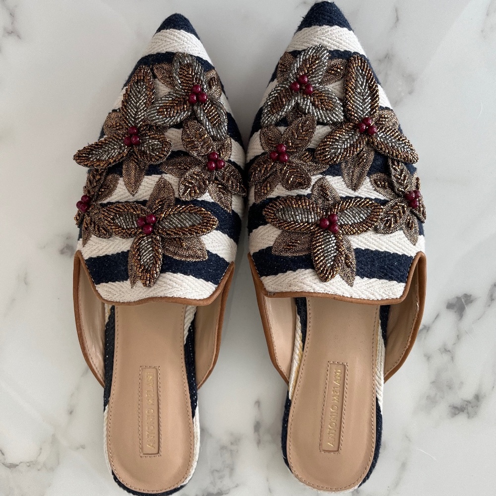 Antonio Melani Navy and White Striped & Embellished Flowers Mules